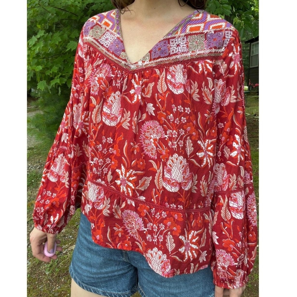 NWT Rachel Zoe Boho Red Floral Embroidered Peasant Blouse Top XS Oversized Flowy